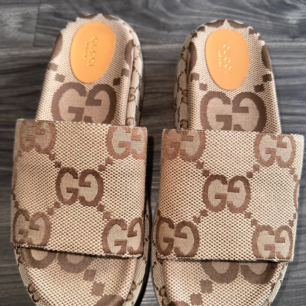 Gucci Beige and Brown Monogram Sandals